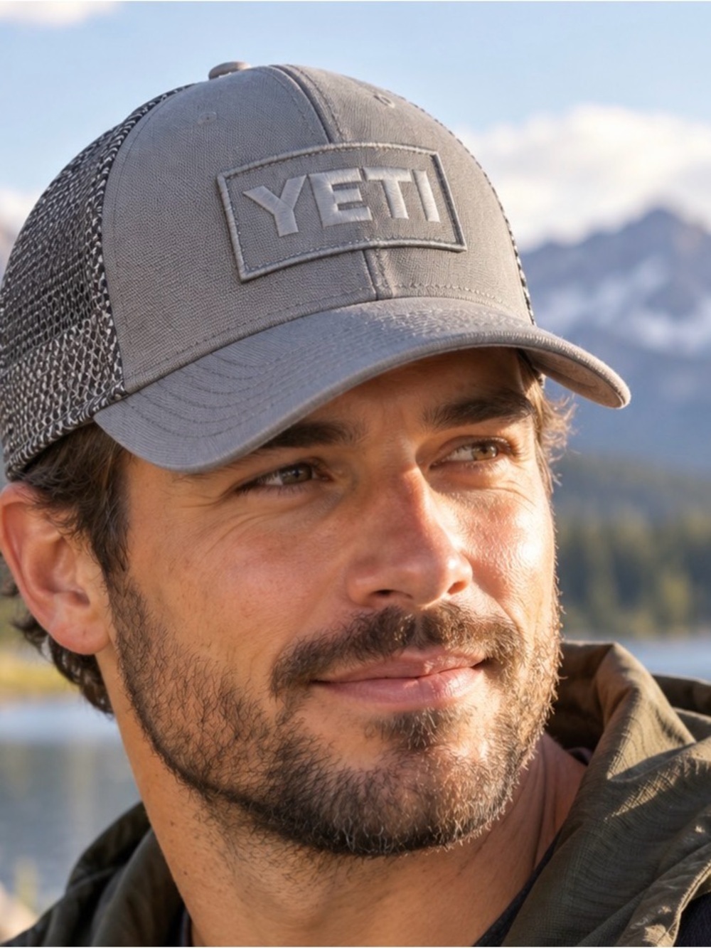 Yeti Gray Mesh Back Trucker Hat with Embroidered Patch